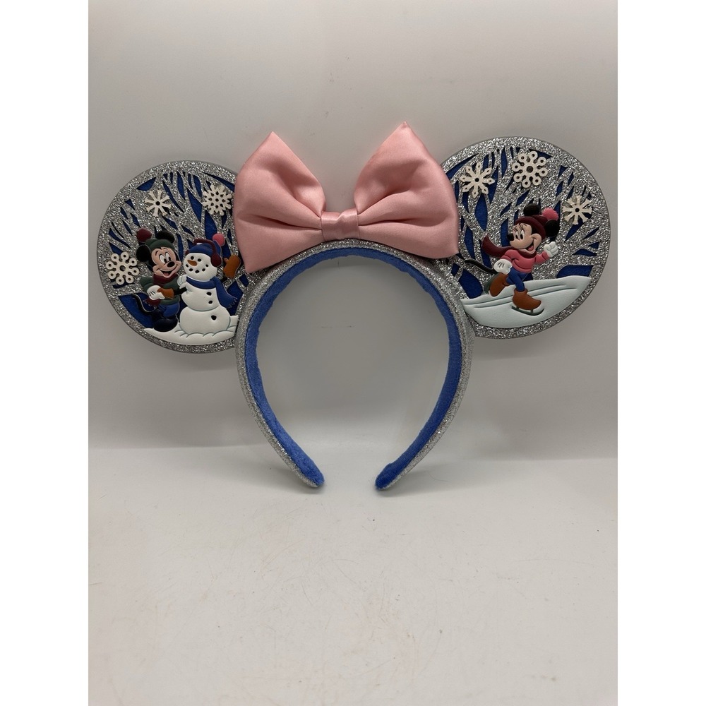 Disney Parks 2023 Christmas Mickey Minnie Snowman Glitter Ear Headband‎ Pink Bow